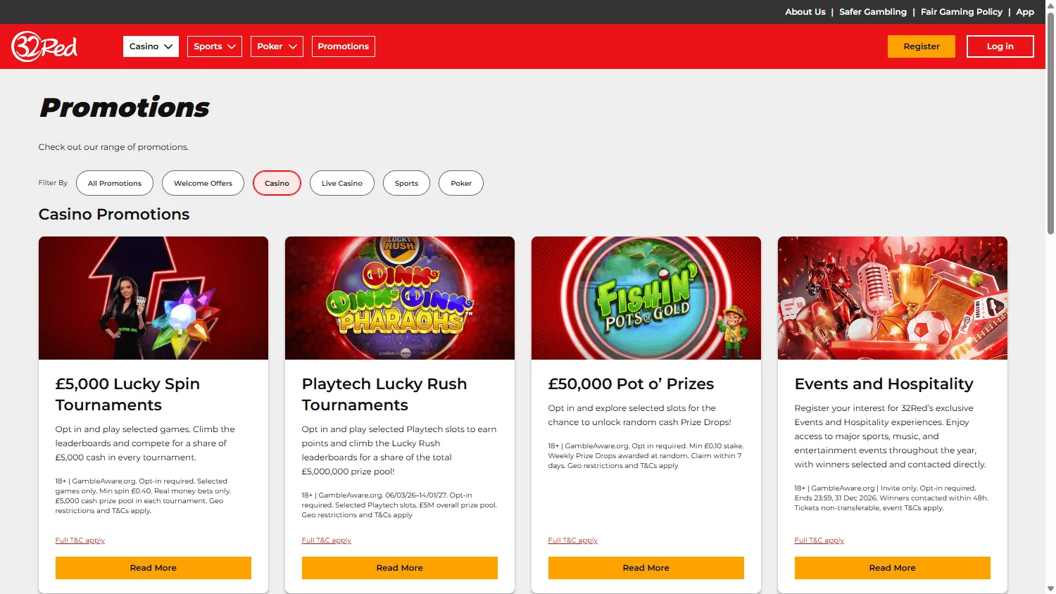 32Red Casino promotions area on a desktop screen