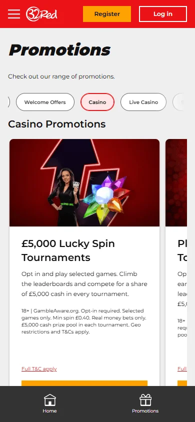32Red Casino promotions area in the mobile app