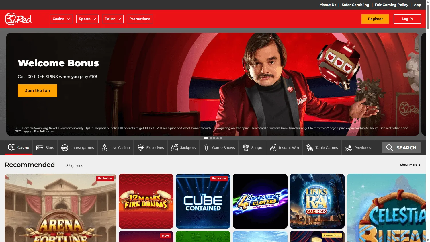 32Red Casino home page on a desktop screen