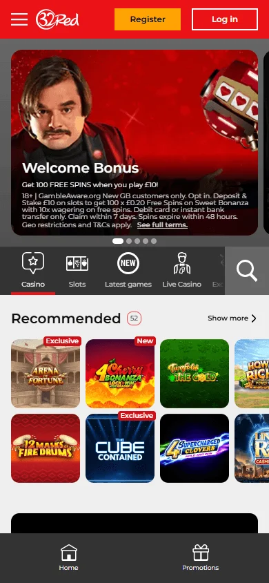 32Red Casino home screen in the mobile app